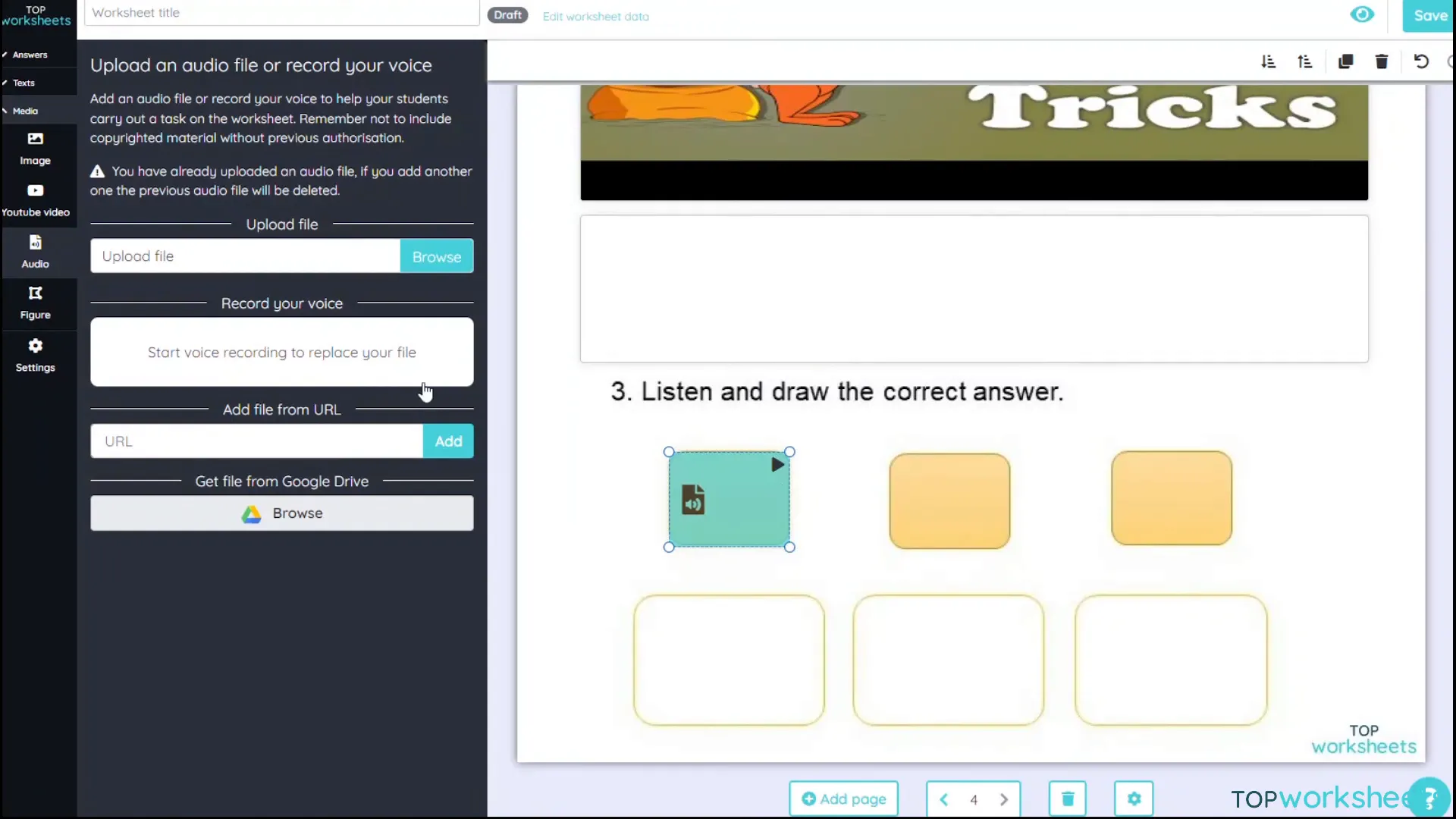 Adding audio responses in worksheets