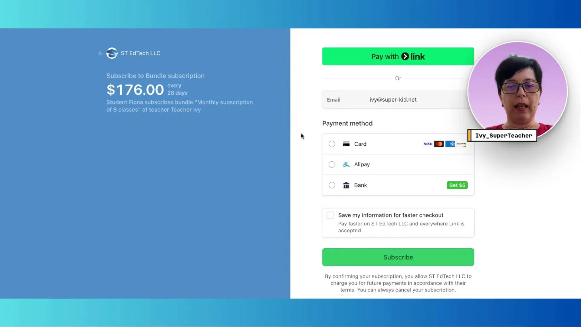 Checkout page showing Alipay as a payment option