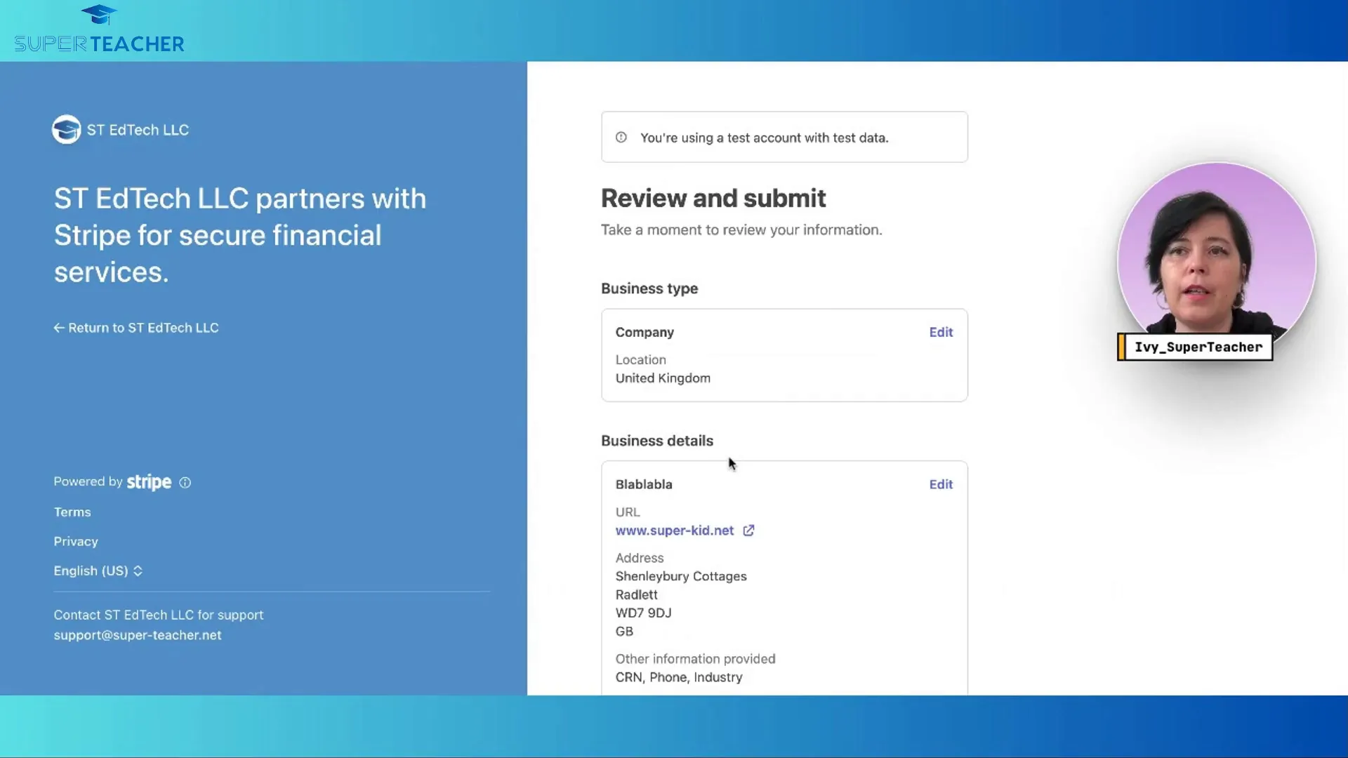 Review business information and agree to Stripe policies