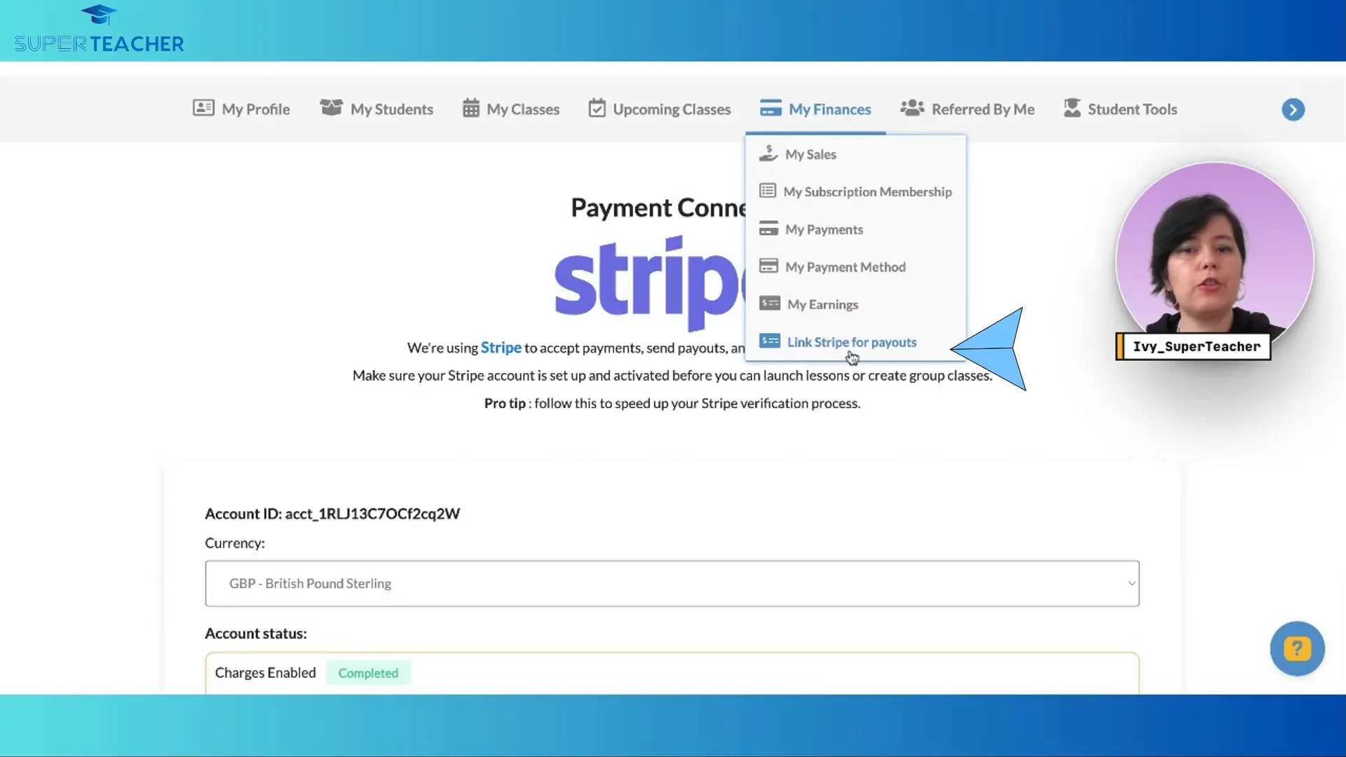 Access Stripe setup in My Finances tab
