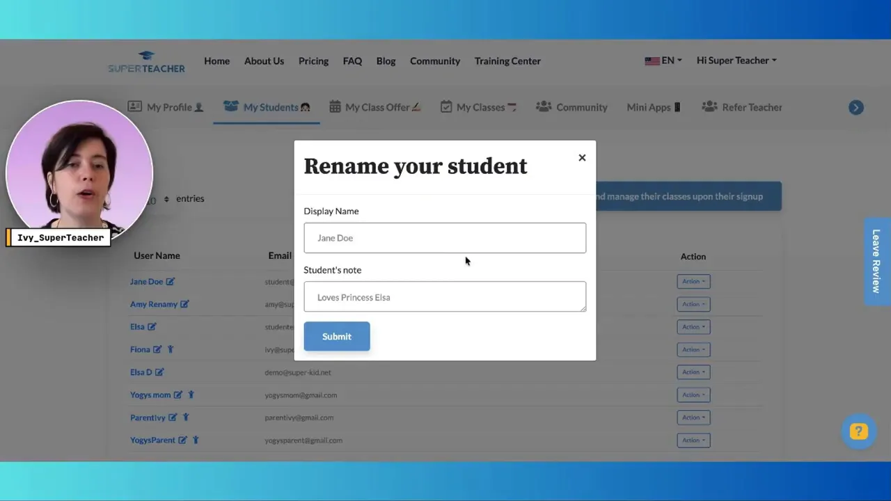 Super Teacher portal students list with action button to add a note