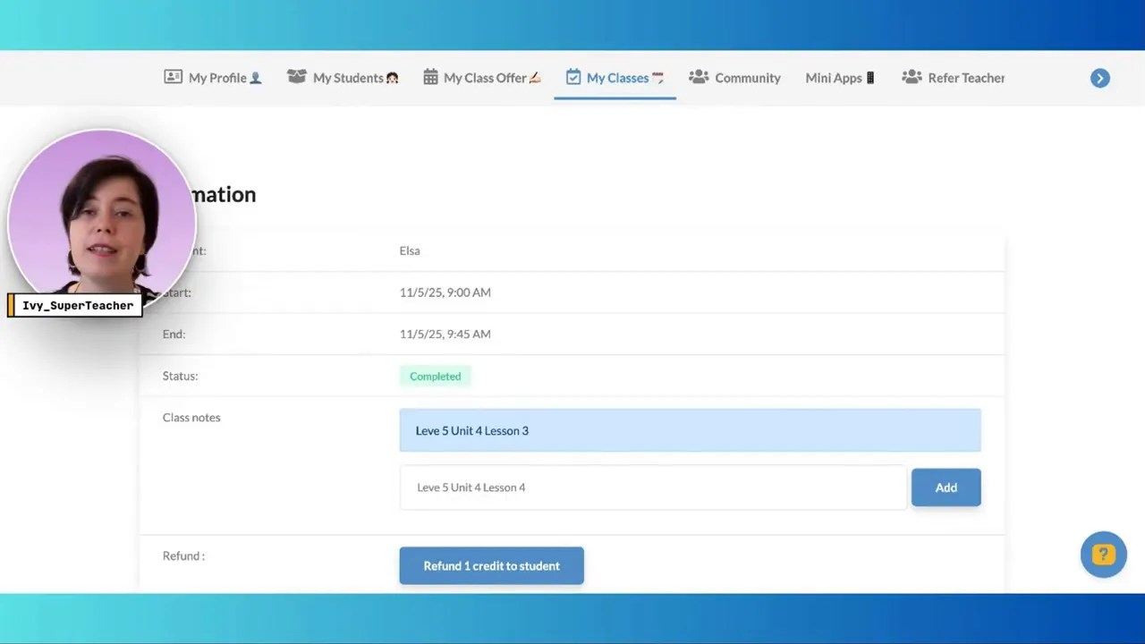 Completed classes section showing class notes and option to add a new note