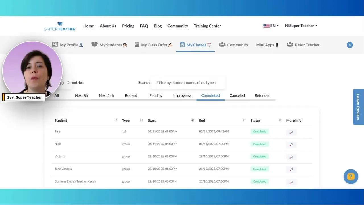 Completed classes screen showing how to leave lesson feedback