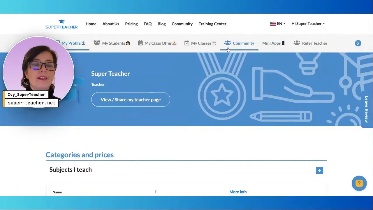 SuperTeacher dashboard top navigation with the Community button highlighted between My Classes and Mini Apps.